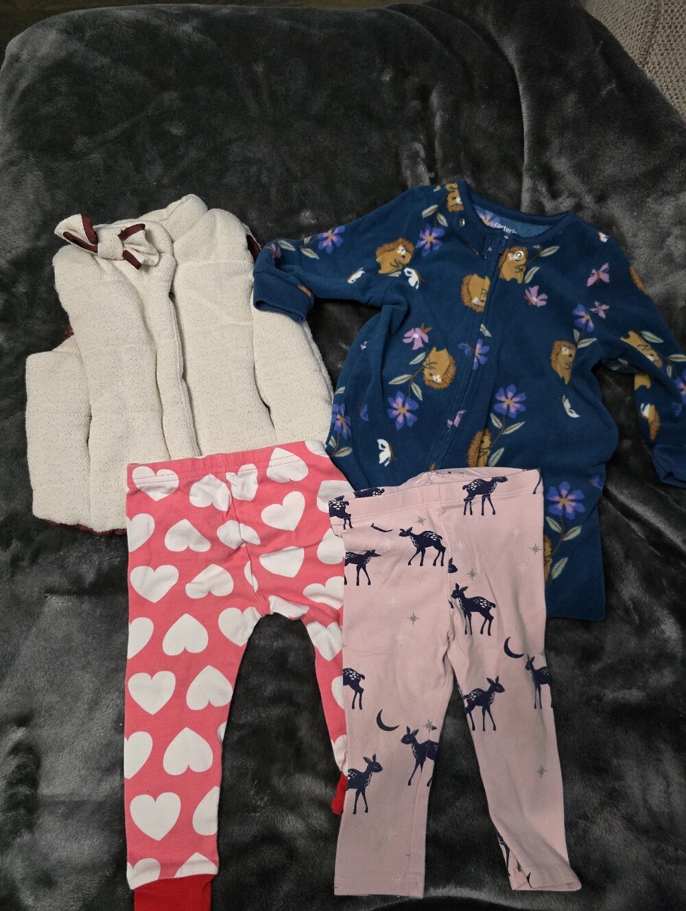 Cozy Baby Set - Blue Lion Sleepsuit, Cream Puffer Vest, Pink Heart & Deer Pants